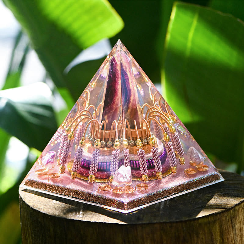 Tour d'énergie en fluorite arc-en-ciel Olivenorma Pyramide d'orgone en lépidolite