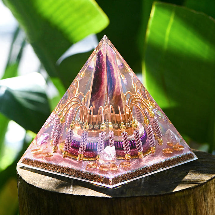 Tour d'énergie en fluorite arc-en-ciel Olivenorma Pyramide d'orgone en lépidolite