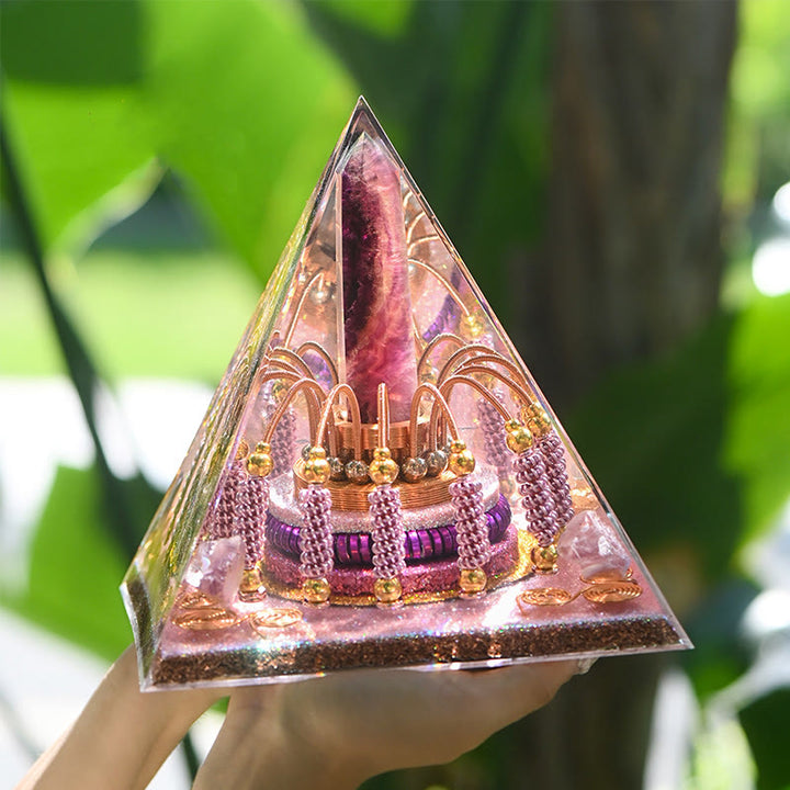 Tour d'énergie en fluorite arc-en-ciel Olivenorma Pyramide d'orgone en lépidolite
