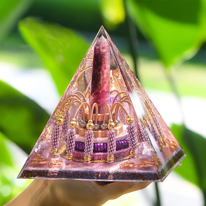 Tour d'énergie en fluorite arc-en-ciel Olivenorma Pyramide d'orgone en lépidolite