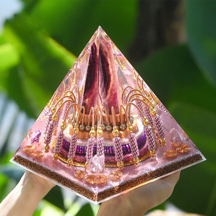 Tour d'énergie en fluorite arc-en-ciel Olivenorma Pyramide d'orgone en lépidolite