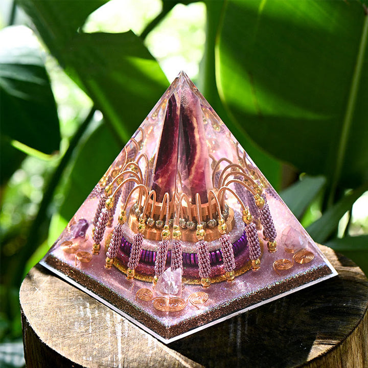 Tour d'énergie en fluorite arc-en-ciel Olivenorma Pyramide d'orgone en lépidolite
