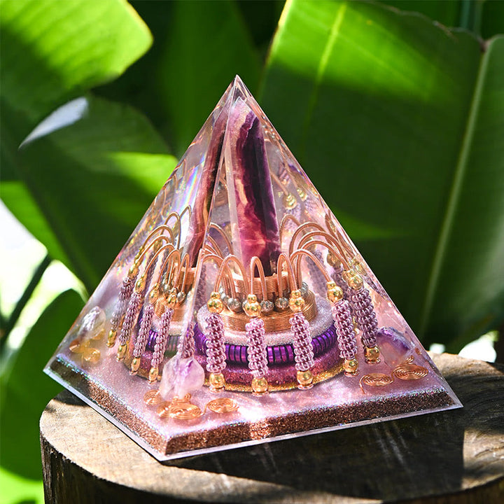 Tour d'énergie en fluorite arc-en-ciel Olivenorma Pyramide d'orgone en lépidolite