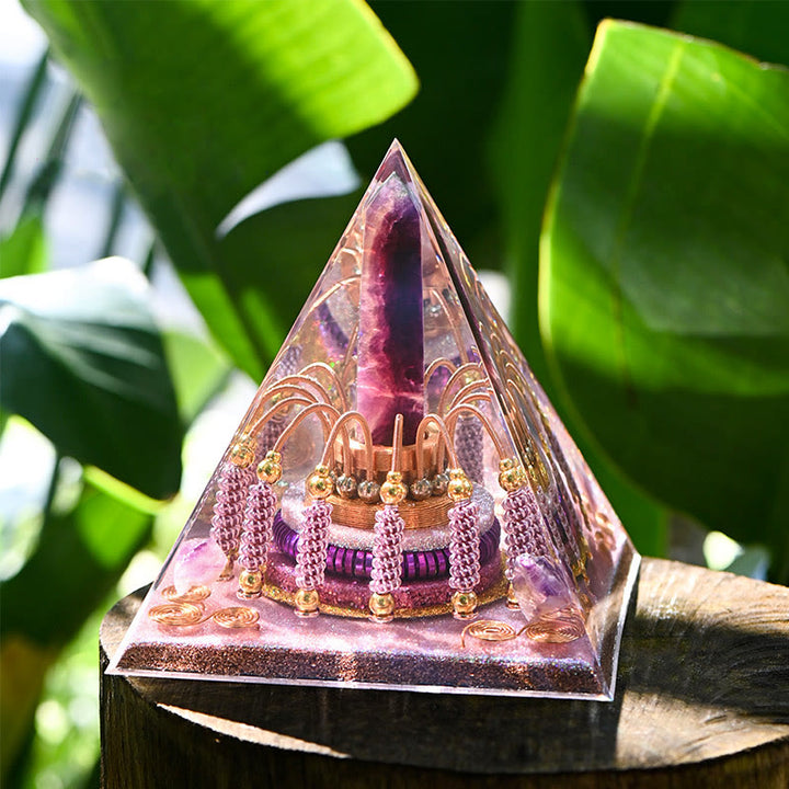 Tour d'énergie en fluorite arc-en-ciel Olivenorma Pyramide d'orgone en lépidolite