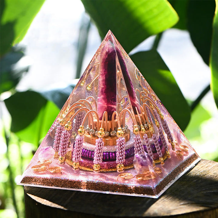 Tour d'énergie en fluorite arc-en-ciel Olivenorma Pyramide d'orgone en lépidolite
