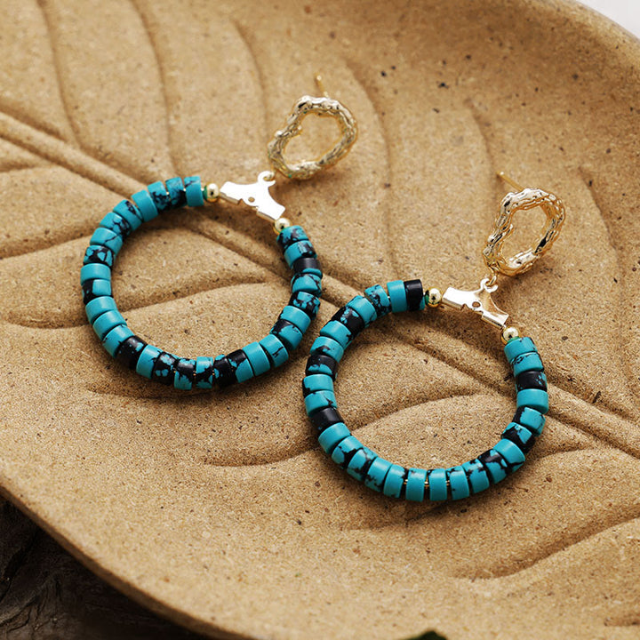 Boucles d'oreilles en forme d'anneau avec perles en forme de roue en agalmatolite, améthyste, turquoise bleue, Olivenorma