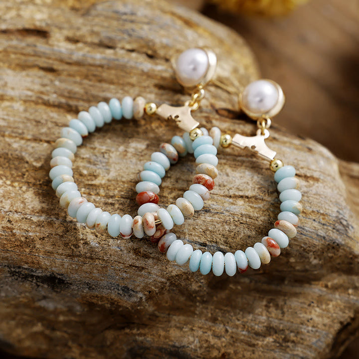 Boucles d'oreilles en forme d'anneau avec perles en forme de roue en agalmatolite, améthyste, turquoise bleue, Olivenorma