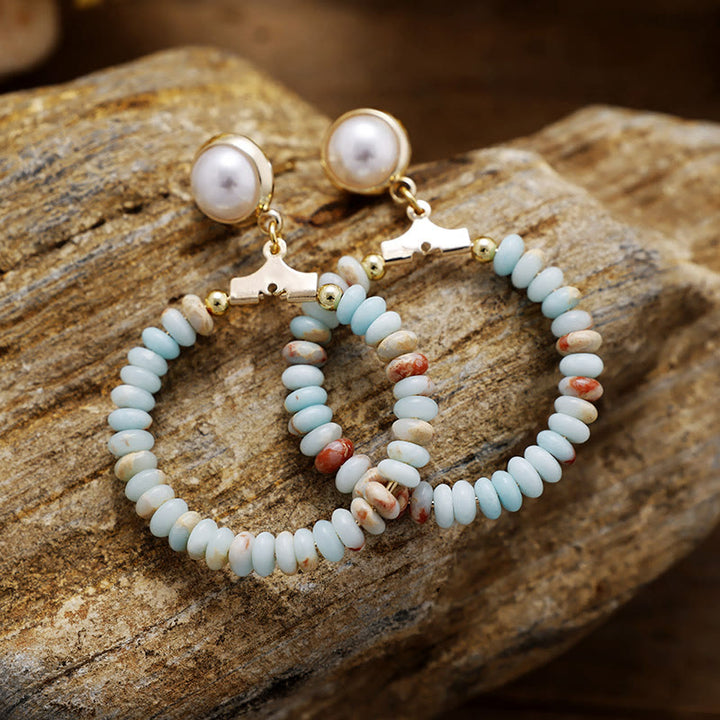 Boucles d'oreilles en forme d'anneau avec perles en forme de roue en agalmatolite, améthyste, turquoise bleue, Olivenorma