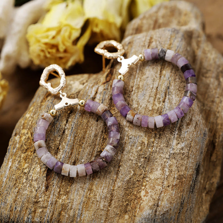 Boucles d'oreilles en forme d'anneau avec perles en forme de roue en agalmatolite, améthyste, turquoise bleue, Olivenorma
