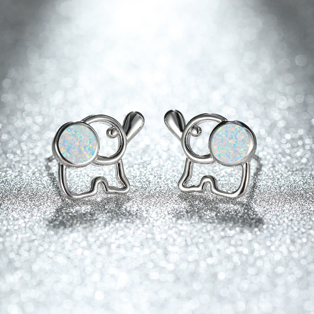 Boucles d'oreilles à tige en forme d'éléphant mignon avec opale bleu et blanc Olivenorma