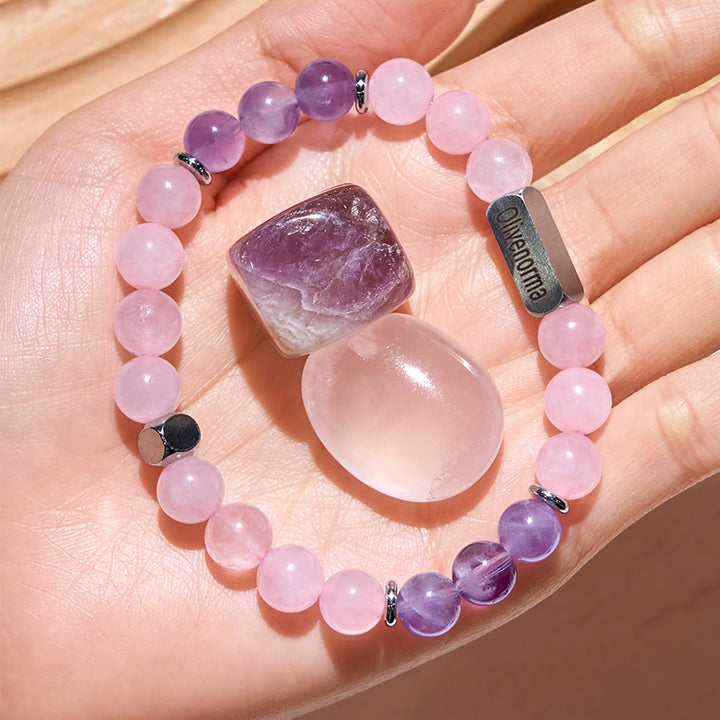 Bracelet gravé en perles d'améthyste et de quartz rose Olivenorma