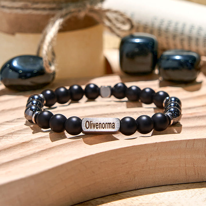Bracelet gravé en perles d'onyx noir et hématite Olivenorma - Onyx noir et hématite - 4ème gravure - image 0