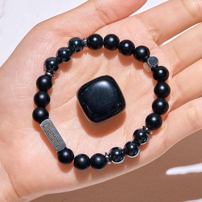 Bracelet gravé en perles d'onyx noir et hématite Olivenorma - image 2
