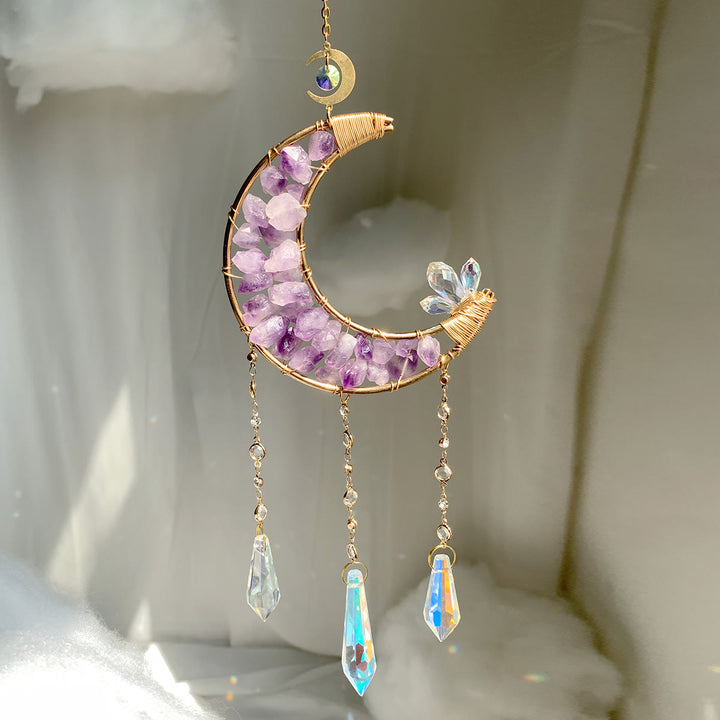 Carillon éolien en cristal transparent améthyste en forme de lune Olivenorma