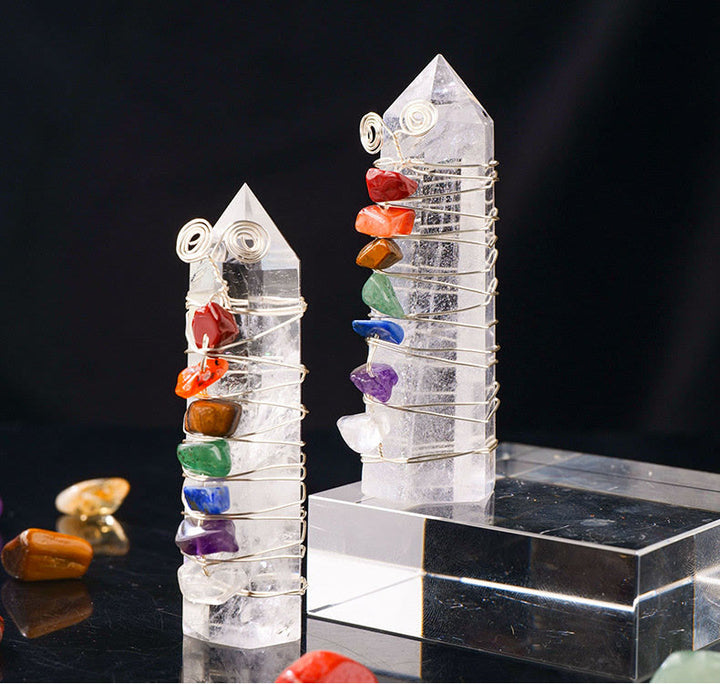 Pointe de cristal des sept chakras Olivenorma enroulée sur fil