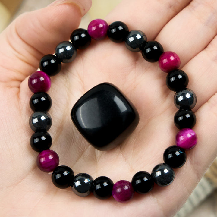 Bracelet de perles en hématite et obsidienne de œil tigre rouge rose Olivenorma 