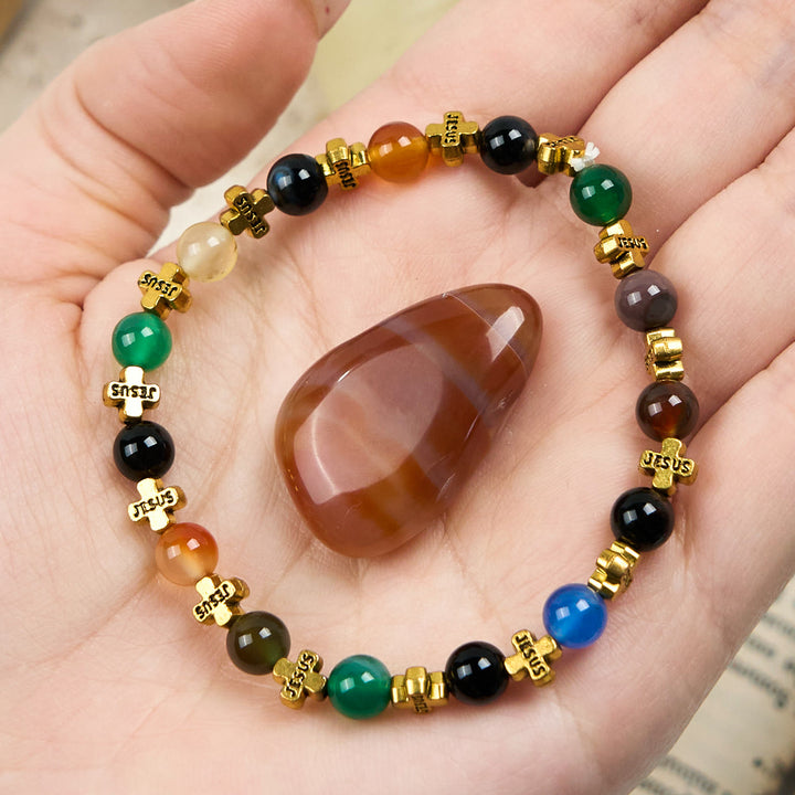 Bracelet Olivenorma en perles de croix en métal doré et agate de couleur naturelle de 6 mm