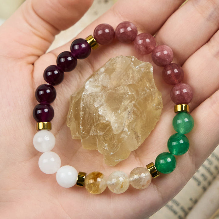 Bracelet Olivenorma en perles de grenat, quartz fraise et aventurine verte 