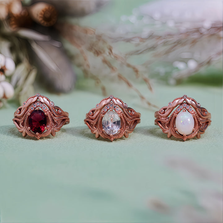 Olivenorma Lot de 2 bagues vintage sculptées en grenat opale et zircon