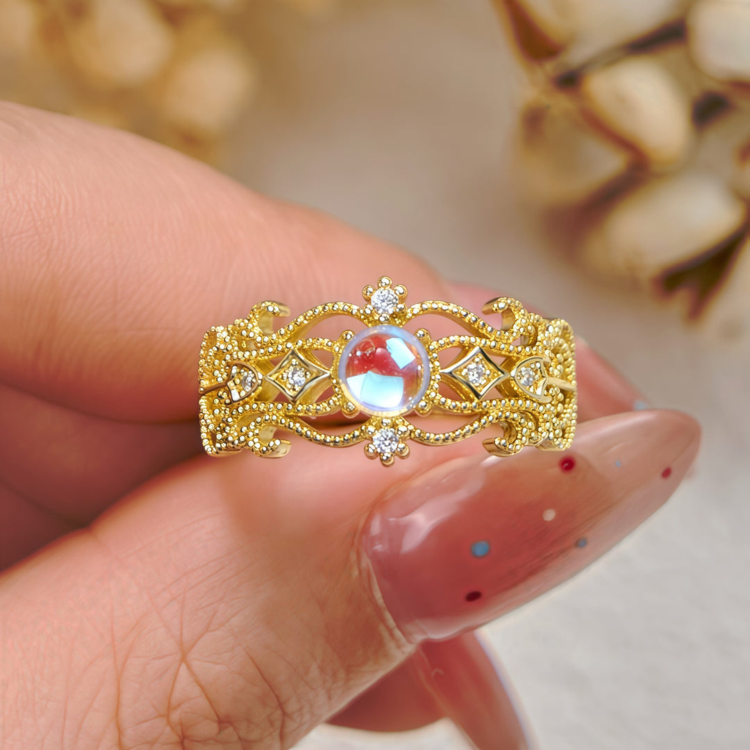 Bague vintage en pierre de lune sculptée creuse Olivenorma
