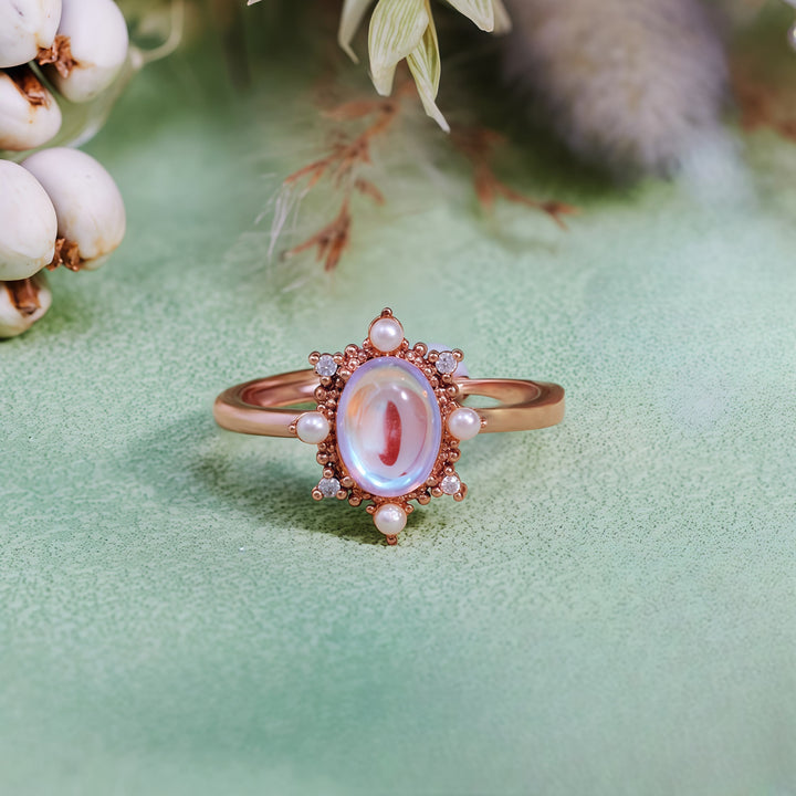 Bague style vintage en pierre de lune artificielle et perle d'eau douce Olivenorma