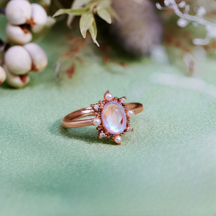 Bague style vintage en pierre de lune artificielle et perle d'eau douce Olivenorma
