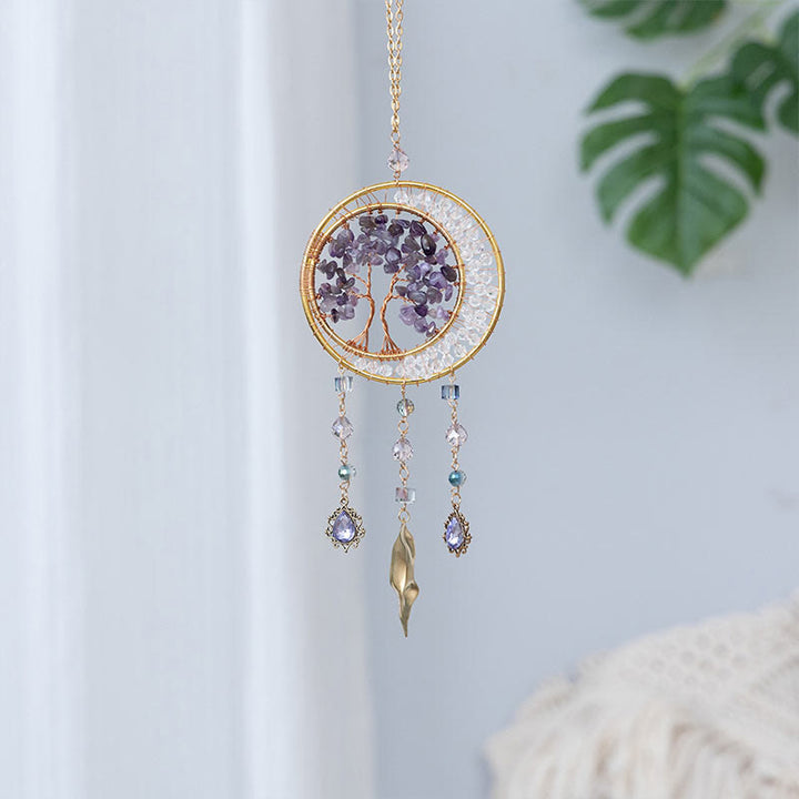 Pendentif carillon éolien en forme de feuille d'améthyste avec arbre de vie Olivenorma