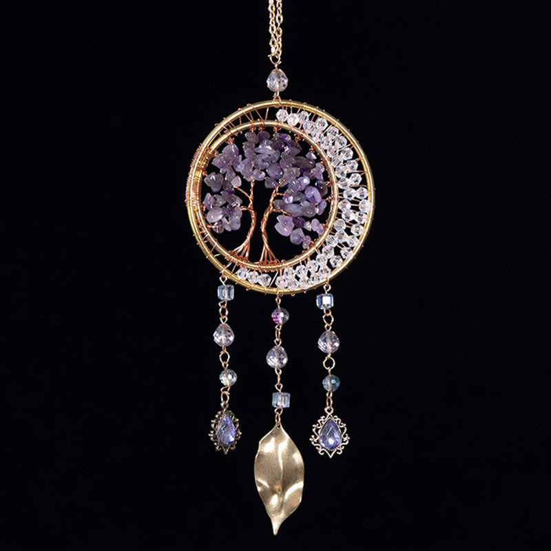 Pendentif carillon éolien en forme de feuille d'améthyste avec arbre de vie Olivenorma