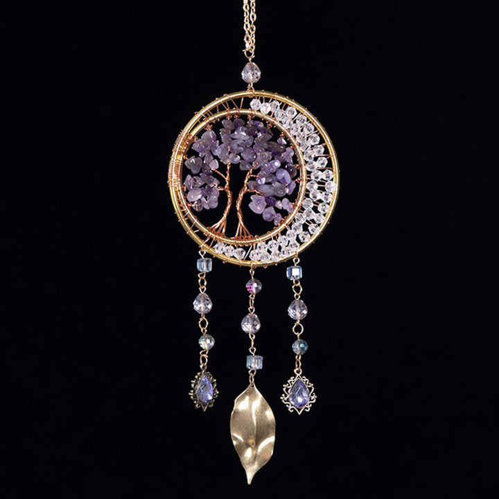 Pendentif carillon éolien en forme de feuille d'améthyste avec arbre de vie Olivenorma