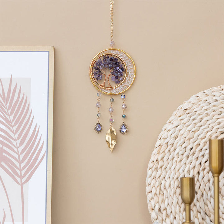 Pendentif carillon éolien en forme de feuille d'améthyste avec arbre de vie Olivenorma