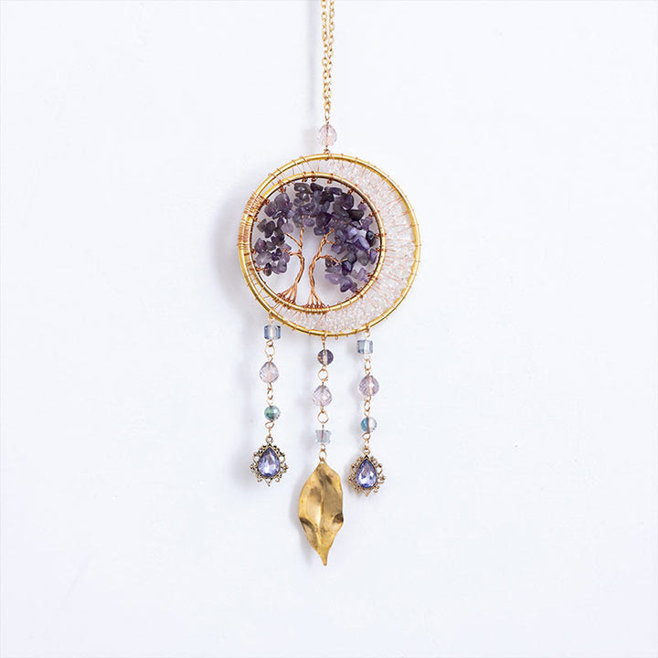 Pendentif carillon éolien en forme de feuille d'améthyste avec arbre de vie Olivenorma