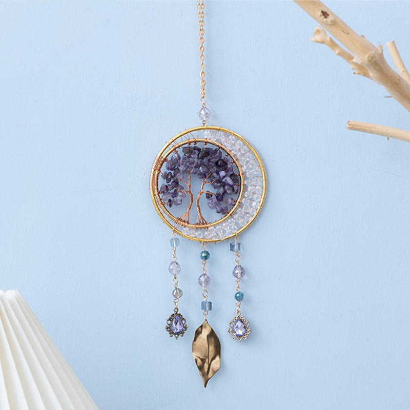 Pendentif carillon éolien en forme de feuille d'améthyste avec arbre de vie Olivenorma