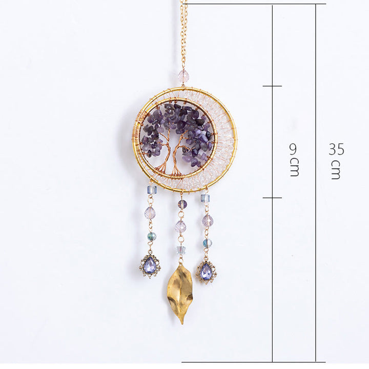 Pendentif carillon éolien en forme de feuille d'améthyste avec arbre de vie Olivenorma