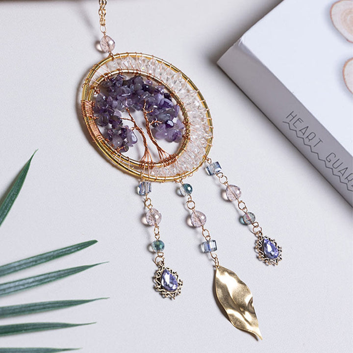 Pendentif carillon éolien en forme de feuille d'améthyste avec arbre de vie Olivenorma