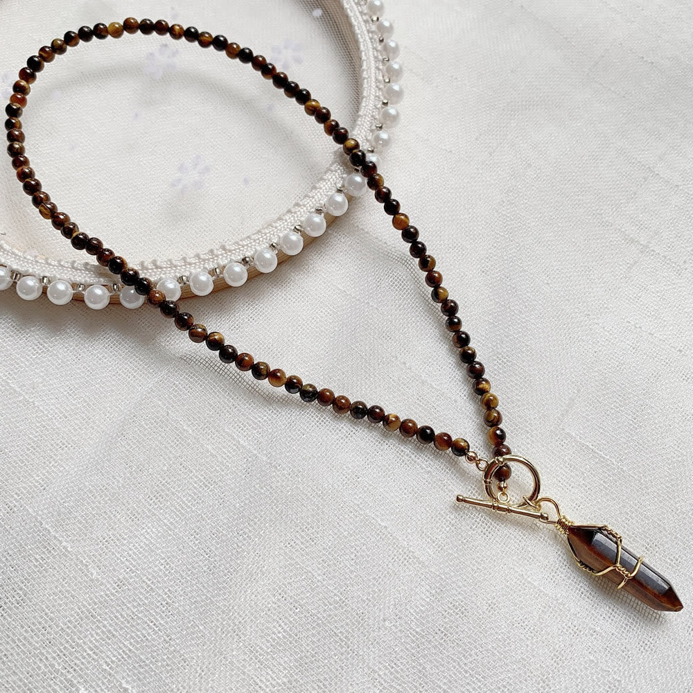 Collier de perles en pierre naturelle avec pendentif colonne hexagonale Olivenorma
