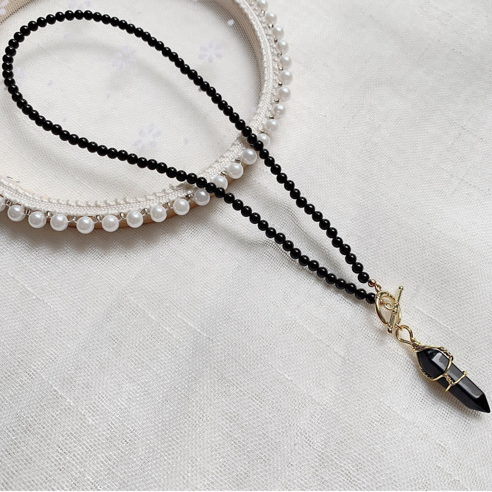 Collier de perles en pierre naturelle avec pendentif colonne hexagonale Olivenorma