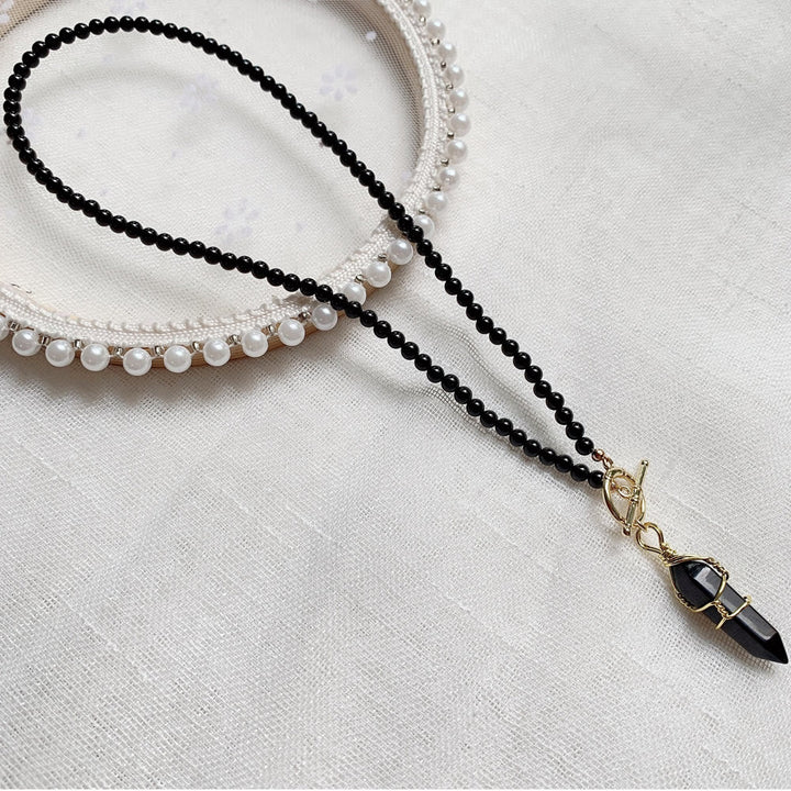 Collier de perles en pierre naturelle avec pendentif colonne hexagonale Olivenorma
