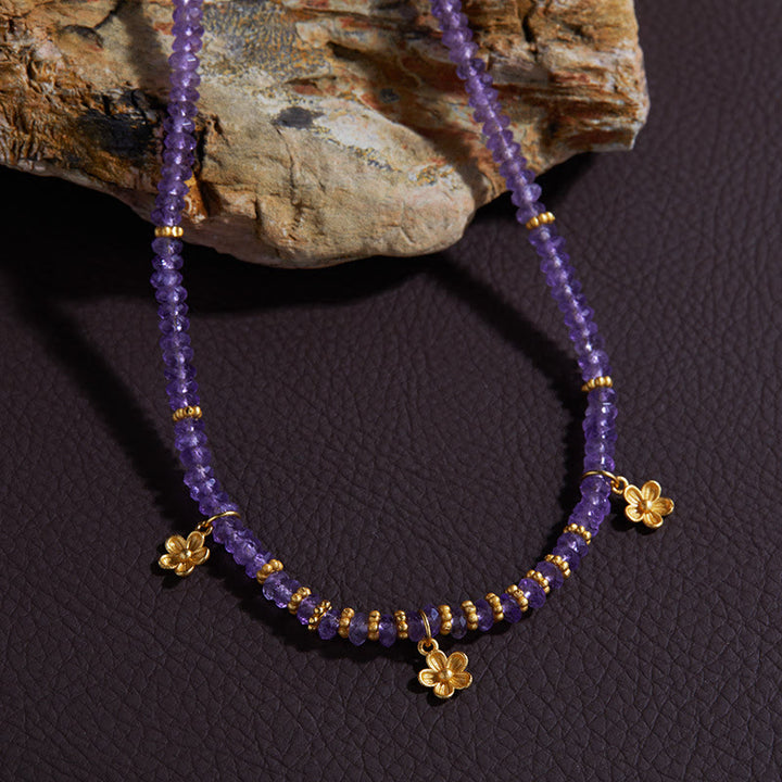 Collier et bracelet avec pendentif en forme de fleur en perles d'améthyste naturelle Olivenorma