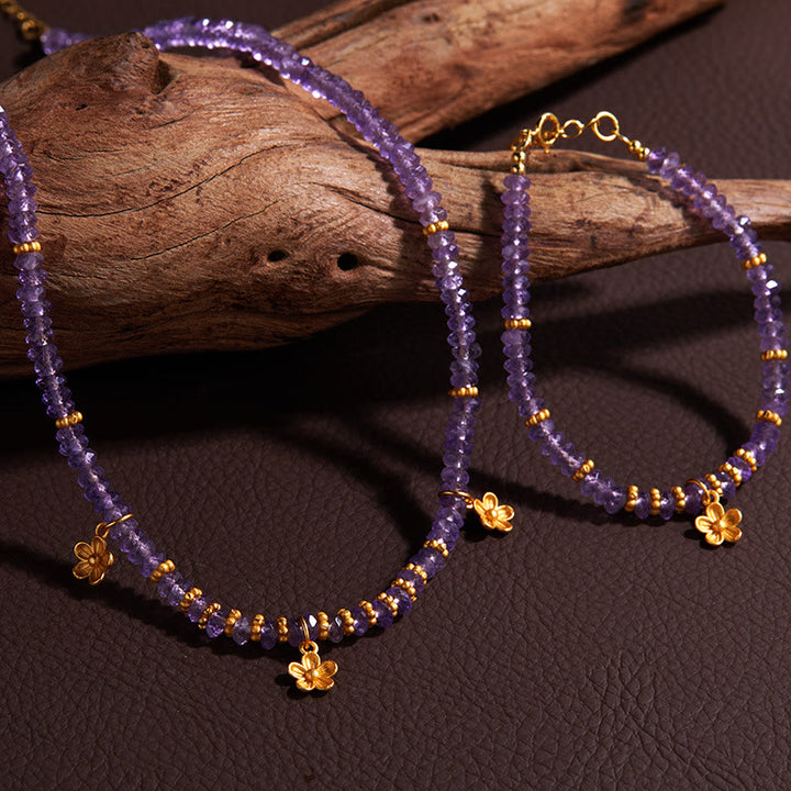 Collier et bracelet avec pendentif en forme de fleur en perles d'améthyste naturelle Olivenorma