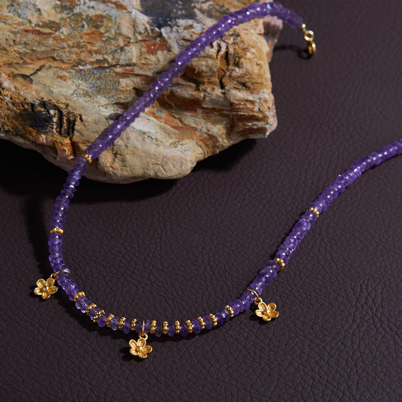 Collier et bracelet avec pendentif en forme de fleur en perles d'améthyste naturelle Olivenorma