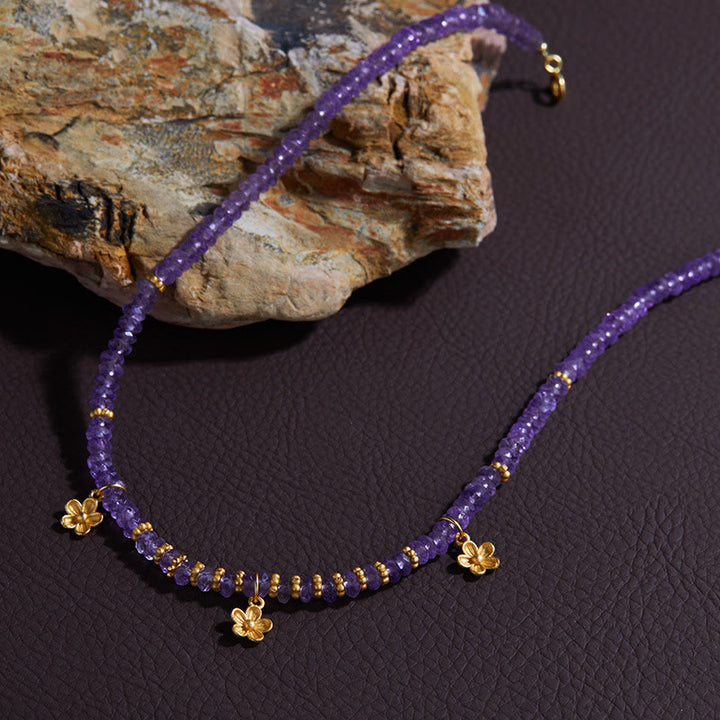 Collier et bracelet avec pendentif en forme de fleur en perles d'améthyste naturelle Olivenorma