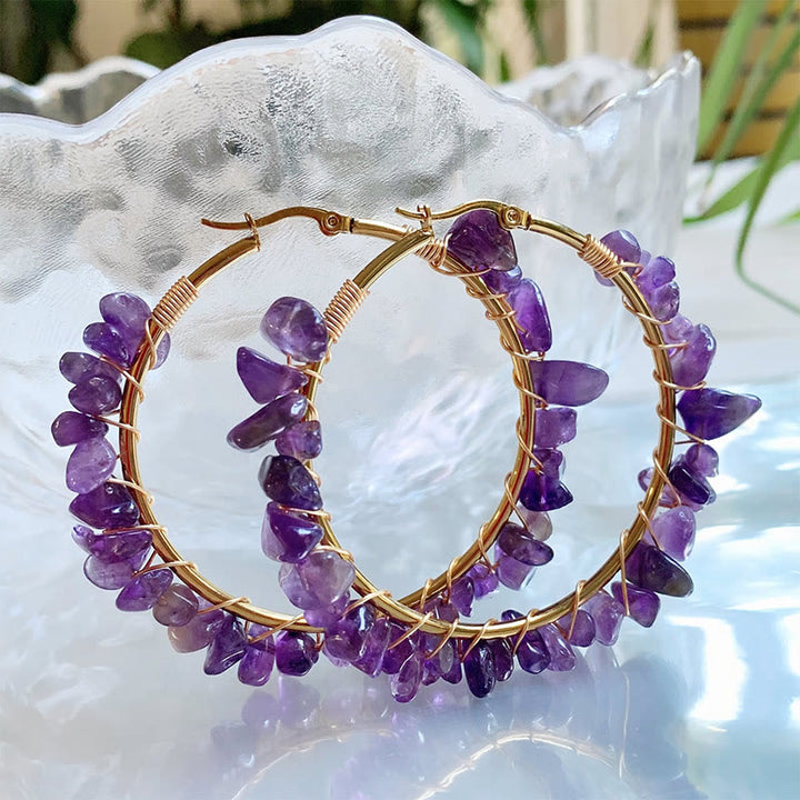 Boucles d'oreilles créoles Olivenorma de style bohème en pierre naturelle et cristal