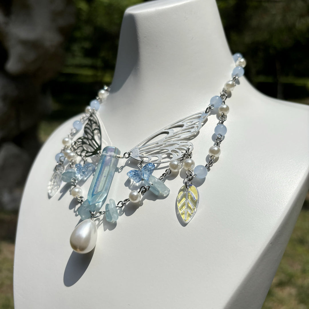 Collier ras du cou superposé avec ailes de fée aigue-marine Olivenorma