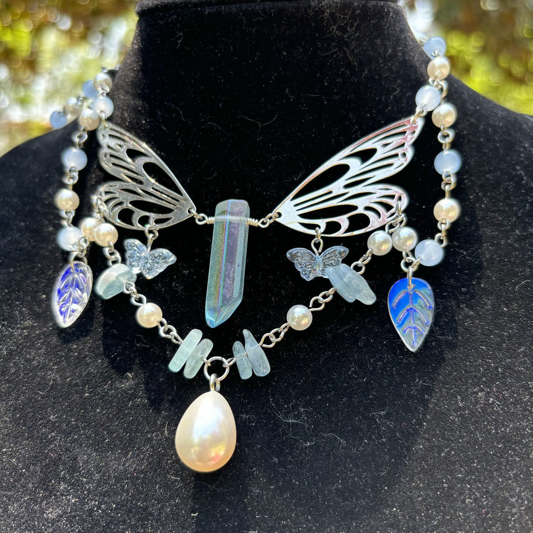 Collier ras du cou superposé avec ailes de fée aigue-marine Olivenorma