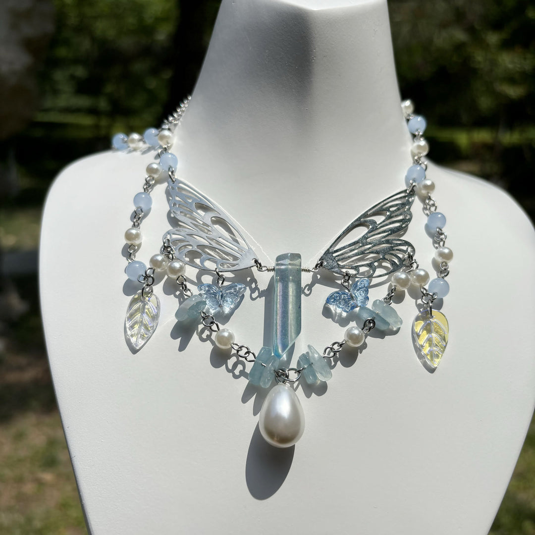 Collier ras du cou superposé avec ailes de fée aigue-marine Olivenorma