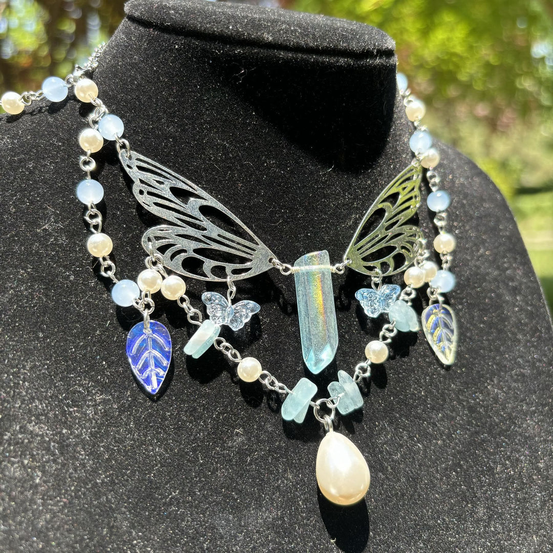Collier ras du cou superposé avec ailes de fée aigue-marine Olivenorma