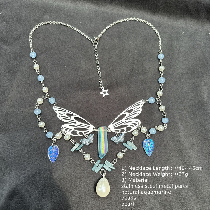 Collier ras du cou superposé avec ailes de fée aigue-marine Olivenorma
