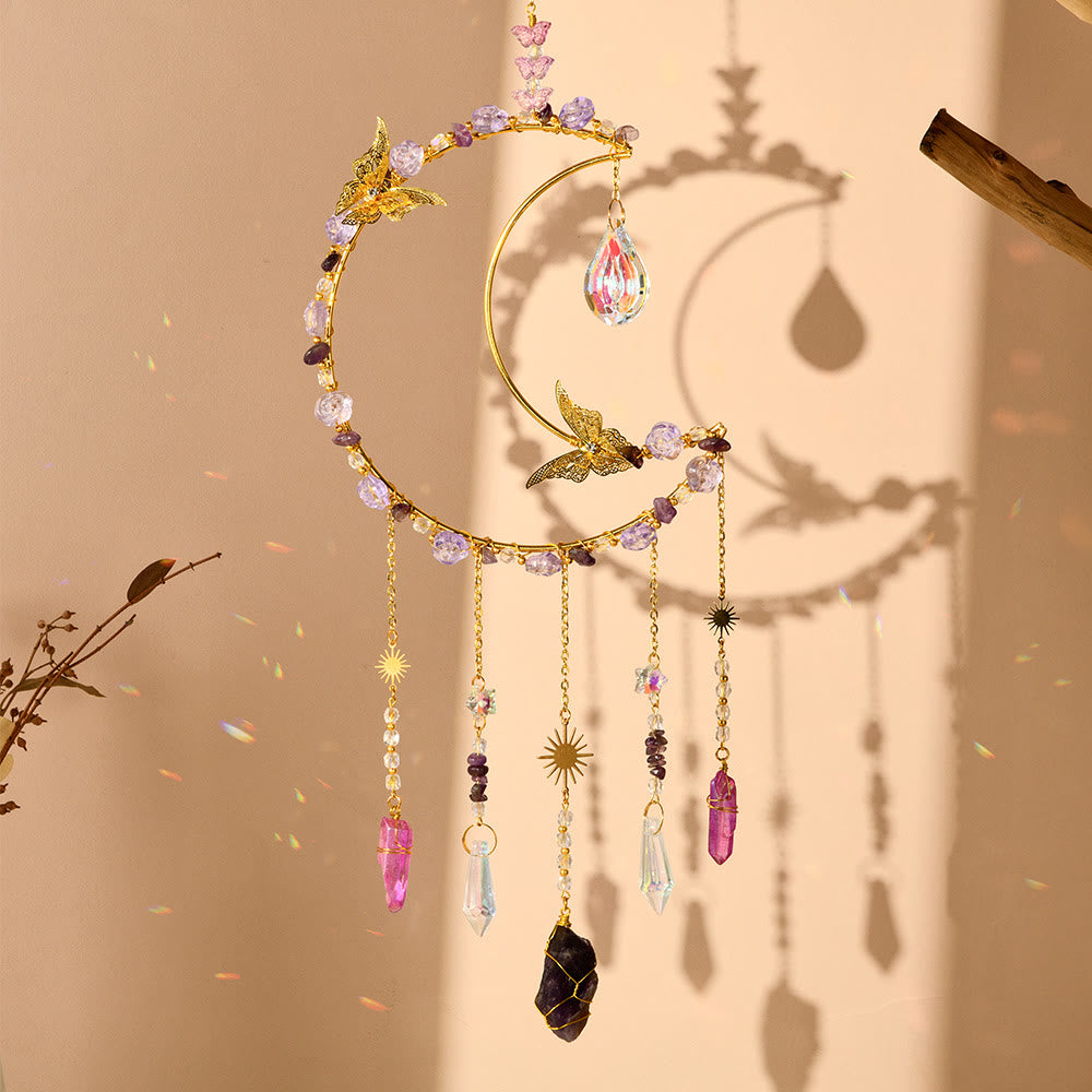 Carillon éolien tissé en cristal naturel Olivenorma , motif lune et papillon