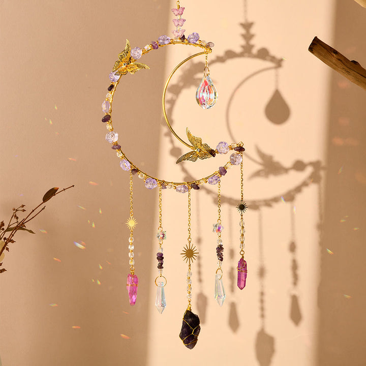 Carillon éolien tissé en cristal naturel Olivenorma , motif lune et papillon