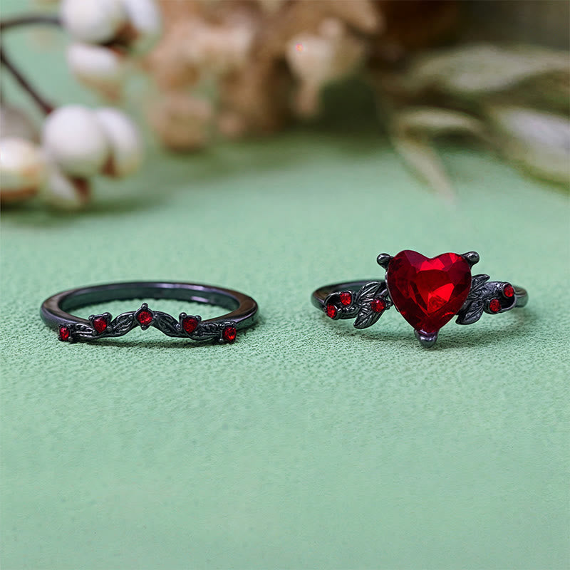 Olivenorma Lot de 2 bagues en forme de cœur avec rubis et quartz noir